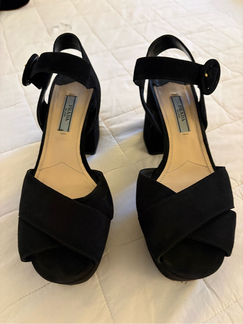 Prada Black Suede Crisscross Block Heel Sandals